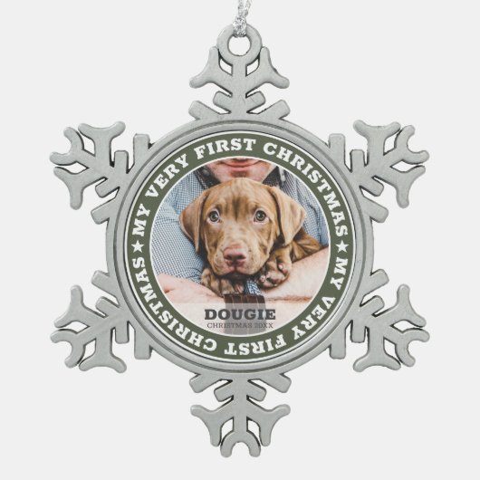 Pet First Kerstmis Moderne Custom Photo Keepomwill Tin Sneeuwvlok Ornament (Voorkant)