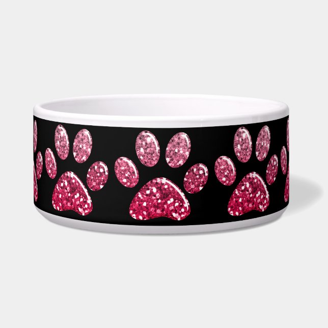 Pet Food Bowl - DK Pinks Bling Paw Prints Voerbakje (Voorkant)