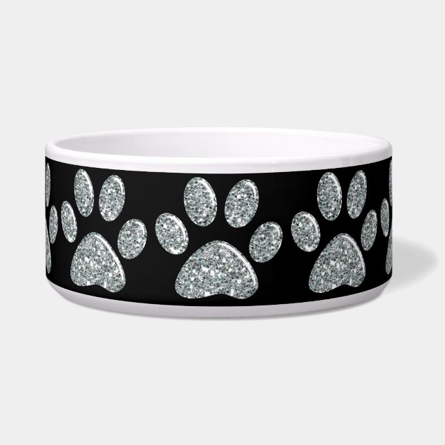 Pet Food Bowl - Light Silver Bling Paw-afdrukken Voerbakje (Voorkant)