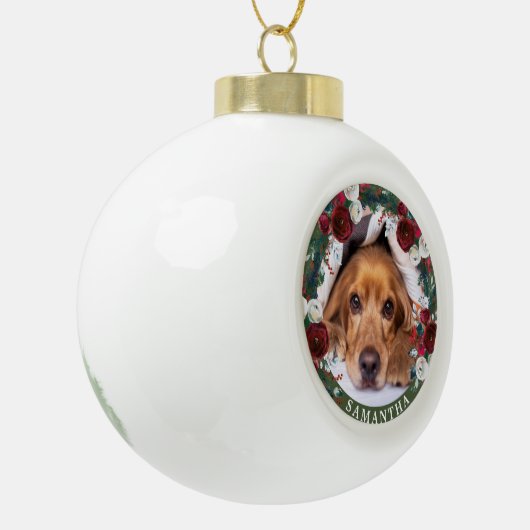 Pet Foto Dog Red Rose Wreate Keramische Bal Ornament (Links)