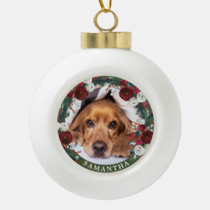 Pet Foto Dog Red Rose Wreate Keramische Bal Ornament