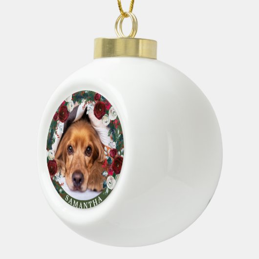 Pet Foto Dog Red Rose Wreate Keramische Bal Ornament (Rechts)