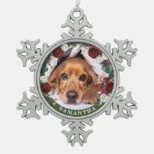 Pet Foto Dog Red Rose Wreate Tin Sneeuwvlok Ornament (Voorkant)