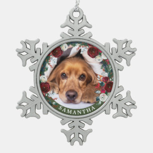 Pet Foto Dog Red Rose Wreate Tin Sneeuwvlok Ornament