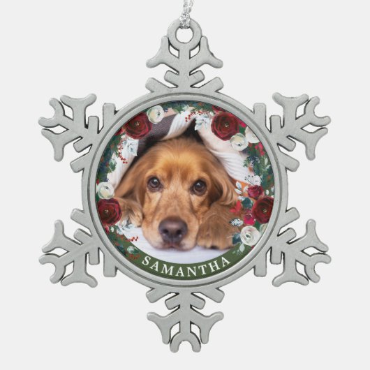 Pet Foto Dog Red Rose Wreate Tin Sneeuwvlok Ornament (Voorkant)