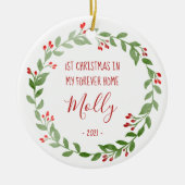 Pet Foto eerste kerstmis rode tekst Keramisch Ornament (Voorkant)