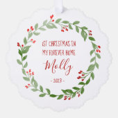 Pet Foto eerste kerstmis rode tekst Ornament Kaart (Voorkant)