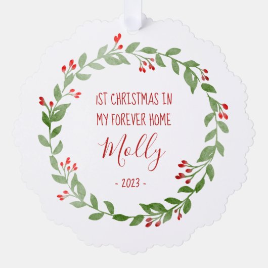 Pet Foto eerste kerstmis rode tekst Ornament Kaart (Voorkant)