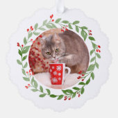 Pet Foto eerste kerstmis rode tekst Ornament Kaart (Achterkant)