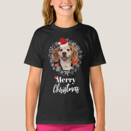 Pet Foto Rode Santa Hat Sneeuwvlokken Donkere Kers T-shirt