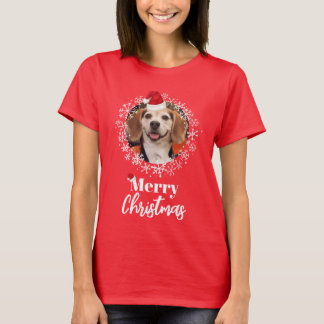 Pet Foto Rode Santa Hat Sneeuwvlokken Vrolijk Kers T-shirt
