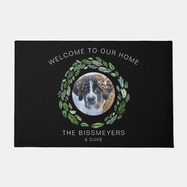 Pet Foto Zwart Bladblad Krans Familienaam Deurmat (Voorkant)