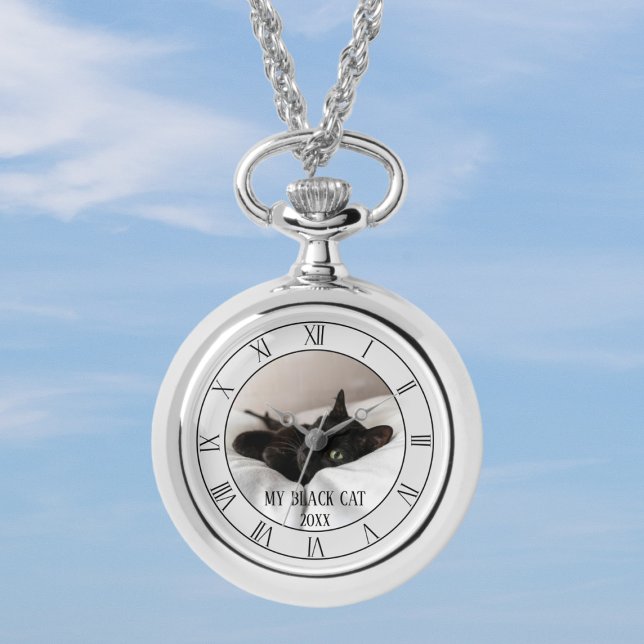 Pet Foto Zwart Kat Naam Ketting Horloge (Upload a photo of your best friend and add their name (or yours))