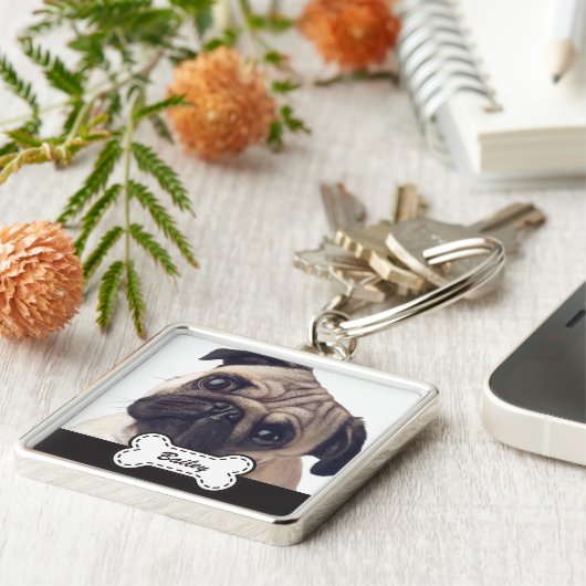 Pet Foto's op Schattige hondenbot Voeg naam toe Sleutelhanger (Zijkant)