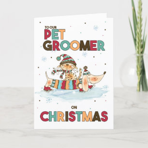 Pet Groomer op de kerstwijn Wiener Dog en Cat Feestdagen Kaart