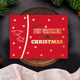 Pet Groomer op kerstkat en honden Gold Holiday Folie Feestdagen Briefkaart