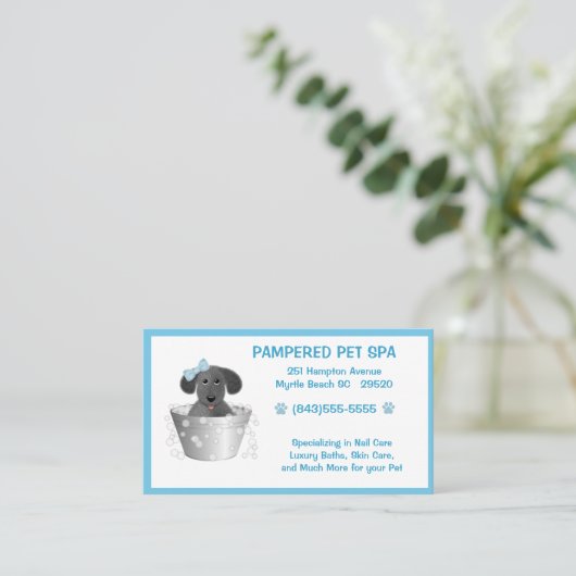Pet Groomer Puppy In Tub Blauw Visitekaartje (Staand voorkant)