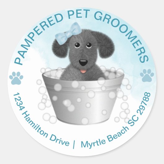 Pet Groomer Puppy in Tub Retouradres Ronde Sticker (Voorkant)