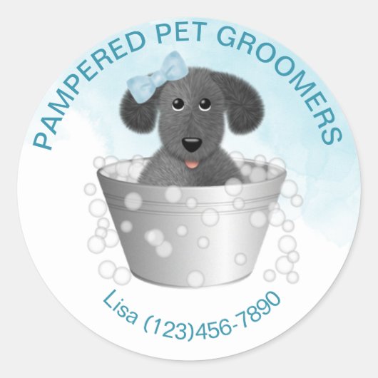 Pet Groomer Puppy in Tub Schattige Ronde Sticker (Voorkant)