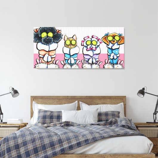 Pet Groomer Spa Art Dogs Cat in Robes Pink Canvas Afdruk (Insitu (Slaapkamer))