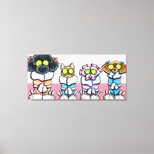 Pet Groomer Spa Art Dogs Cat in Robes Pink Canvas Afdruk (Voorkant)