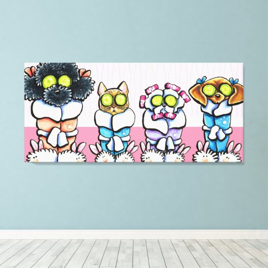Pet Groomer Spa Art Dogs Cat in Robes Pink Canvas Afdruk (Insitu (Houten vloer))