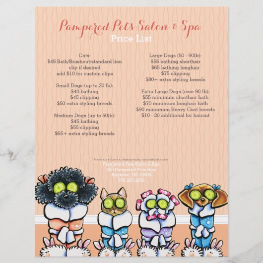Pet Groomer Spa Dogs Cat Robes Peach Price Sheet Flyer (Voorkant)