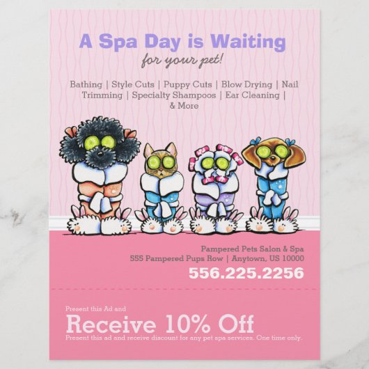 Pet Groomer Spa Dogs Cat Robes Pink Coupon Ad Flyer (Voorkant)