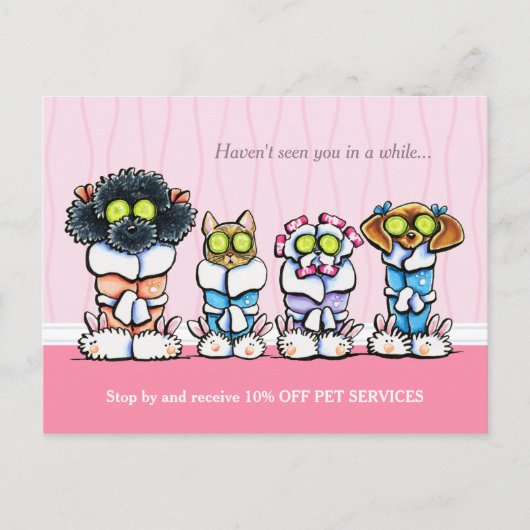 Pet Groomer Spa Dogs Cat Robes Pink Coupon Mailer Briefkaart (Voorkant)