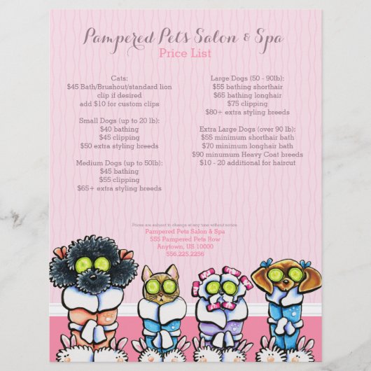Pet Groomer Spa Dogs Cat Robes Pink Price Sheet Flyer (Voorkant)