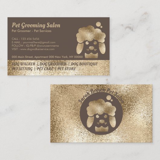 Pet Grooming Salon Gold Sparkle brown Visitekaartje (Voorkant / Achterkant)
