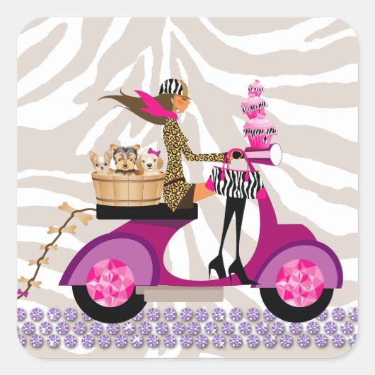 Pet Grooming Stickers Scooter Woman Dogs Zebra (Voorkant)