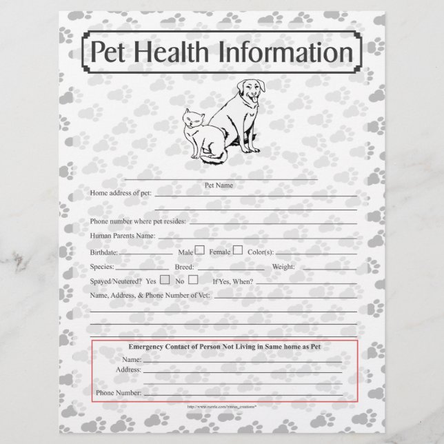 Pet Health Information Sheet 1 (Voorkant)
