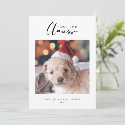 Pet Holiday Fotokaart "Paws for Claus" Platte Kaar (Staand voorkant)