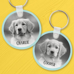 Pet hond 2 foto's licht aqua blue border add name sleutelhanger
