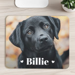 Pet hond kat naam harten muismat<br><div class="desc">Mousepad met uw aangepaste foto van het huisdier met de naam van het huisdier als een witte tekst overlay geflankeerd door twee harten.</div>