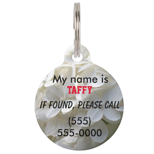 Pet ID Alert Labels White Hydrangea Floral Huisdierpenning (Voorkant)