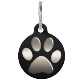 Pet ID Tag - Platinum Paw Print op zwart Huisdierpenning
