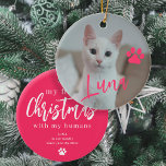Pet kat foto naam poot Eerste Kerstmis op maat Keramisch Ornament<br><div class="desc">Upload je favoriete foto (bij voorkeur vierkant),  voeg jouw tekst in en maak deze trendy modern voeg je dierennaam roze script kerstboom ornament toe als aandenken aan je eerste kerst met je mooie kitten!</div>