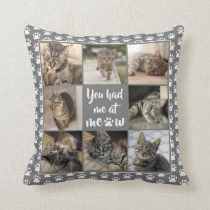 Pet Kat Fotocollage Paw Print Patroon Grijs Kussen