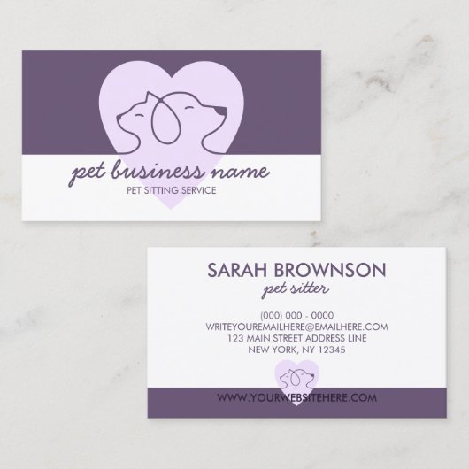 Pet Logo Dog Cat Heart paars Visitekaartje (Voorkant / Achterkant)