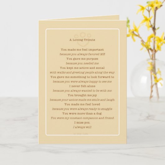 Pet Loss Dog Tribute Poem Kaart (Gele Bloem)