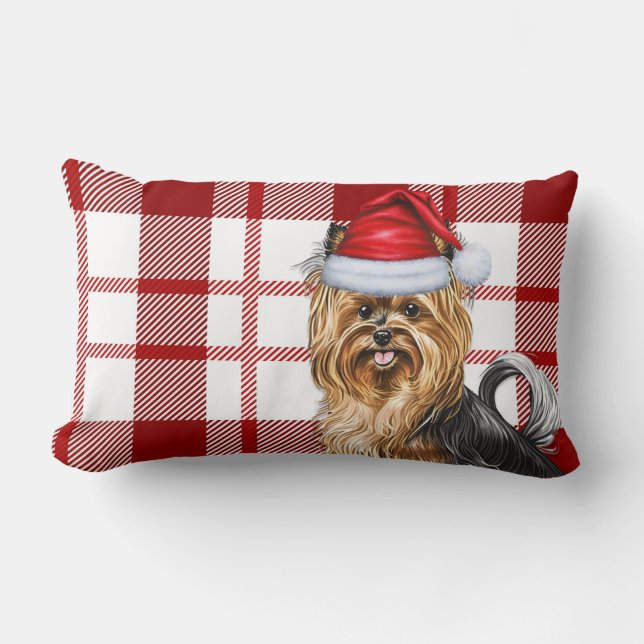 Pet Lover Christmas Biewer Terriër Hond Rood Plaid Kussen (Voorkant)