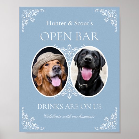 Pet Lovers Blue Coastal Chic Wedding Open Bar Sign Poster (Voorkant)