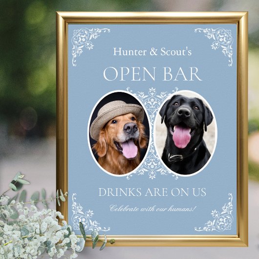 Pet Lovers Blue Coastal Chic Wedding Open Bar Sign Poster