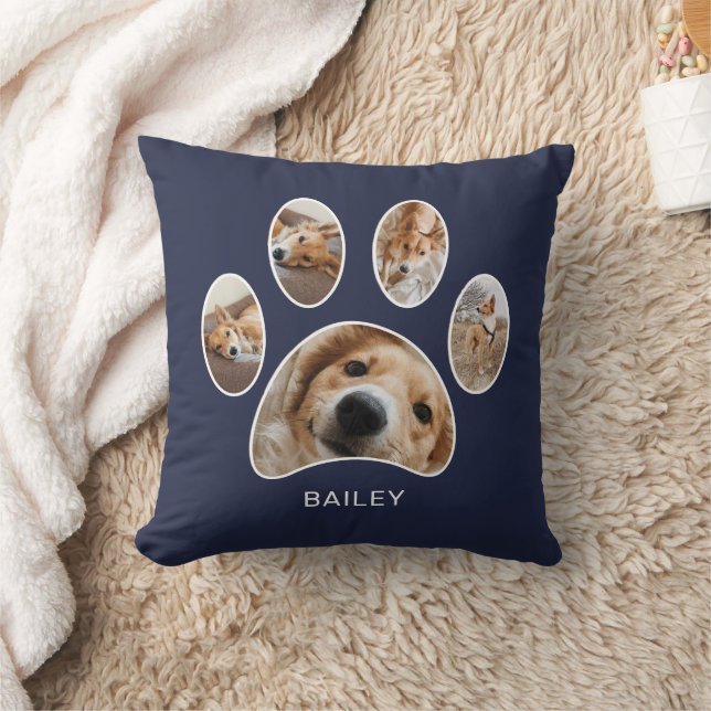 Pet Lovers Cute Paw Print Name Photo Collage Navy Kussen (Deken)