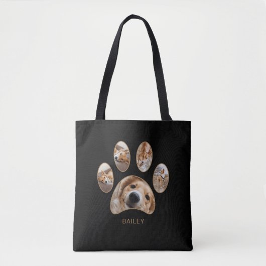 Pet Lovers Gold Paw Print Name Photo Collage Tote Bag (Voorkant)