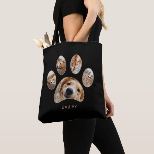 Pet Lovers Gold Paw Print Name Photo Collage Tote Bag (Dichtbij)