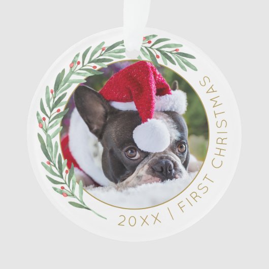 Pet Lovers Groen & Goud Onze eerste Kerstfoto Ornament (voorkant)