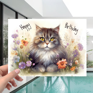 Pet Lovers Kitty Cat in Colorful Flowers Birthday Kaart